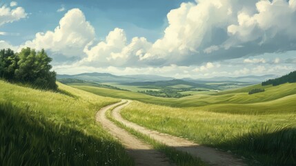 Fototapeta premium Serene dirt road winding through lush countryside under a bright sky with fluffy clouds and rolling hills in the background