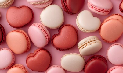 Obraz premium heart-shaped macarons in various shadeson red and pink, Generative AI 