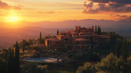 Stunning Sunset Over Luxurious Villas Nestled in the Hills Surrounded by Olive Trees and Majestic Mountains