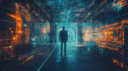 New opportunities isometric landing page. Binary digital code coming through open door on neon glowing futuristic background. New technologies coming to human life, high-tech 3d vector illustration