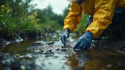 A scientist collecting water samples from a polluted river, wearing gloves and protective gear, highlighting the fight against environmental contamination. 