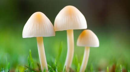 White mushrooms growing in a lush green grassy area under natural light in a forest setting