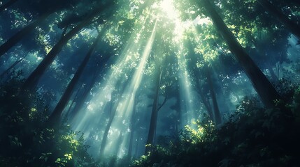 Fototapeta premium Sunlight breaks through the tall, towering trees of a lush green forest, illuminating the rich vegetation beneath 