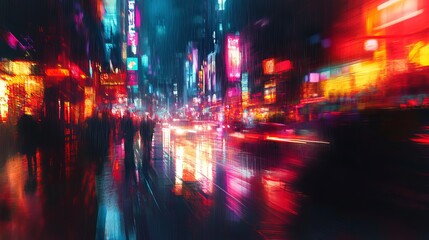 Fototapeta premium A mesmerizing rainy night in a vibrant city, captured with motion blur, showcasing the energy of city life and dazzling neon lights reflecting on the wet streets.