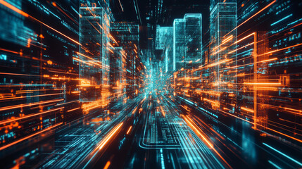 Fototapeta premium Futuristic Cityscape, Quantum Reality, Neuromorphic Navigator, 3D Rendering, Hyperrealistic