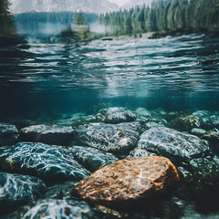 Fototapeta premium A close-up view of a crystal clear lake showcasing underwater details such as stones and aquatic plants
