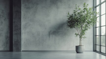 Minimalist Interior Design: A Greenery Accent in a Concrete Room