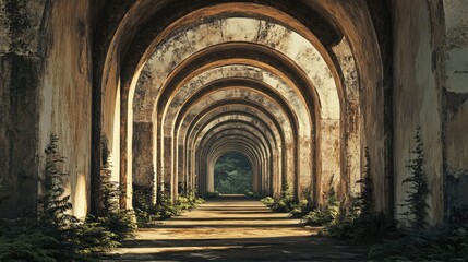 Fototapeta premium Majestic arches of a weathered aqueduct surrounded by lush greenery and inviting light.
