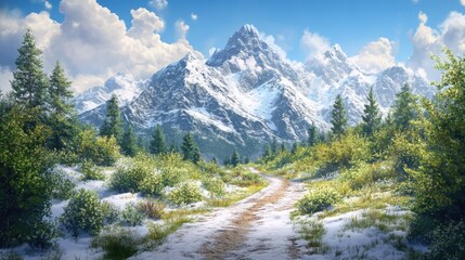 Obraz premium Snowy mountain path through a serene forest landscape showcasing towering peaks and lush greenery in a tranquil winter setting.