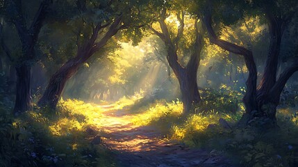 A forest landscape bathed in the soft glow of sunlight filtering through a dense canopy of trees, highlighting the textures of the forest floor 