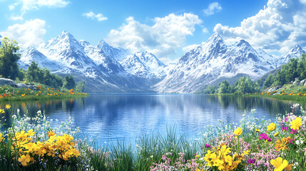 A peaceful crystal clear lake framed by snow-capped mountains, vibrant wildflowers in the foreground