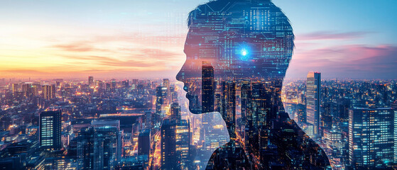 Futuristic Cityscape Neural Implants Dusk Silhouette