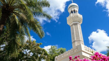 Obraz premium A minaret surrounded by palm trees and vibrant flower, background under a blue sky.