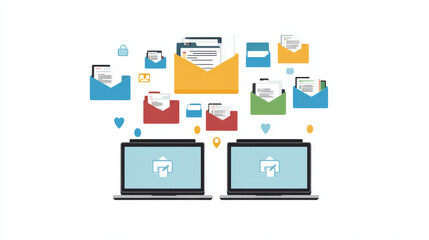 Fototapeta premium File transfer banner. Exchange data and documents between computers, digital archive and database. Vector landing page with isometric laptops with folders and files