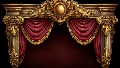 Ornate Gold Frame with Crimson Curtains and Pillars