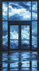 Fototapeta premium Ocean Wave Crashing Against Building Entrance, 3D Rendering