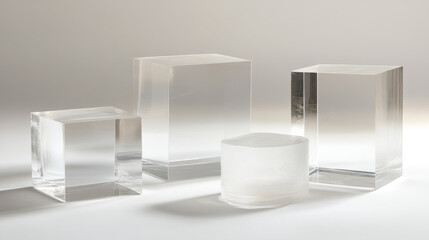 Glass transparent cube and cylinder product podiums of different height. Realistic vector set of plexiglass or plastic round and rectangular stands for goods display. Geometric pillar crystal platform