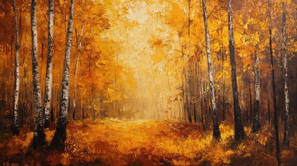 Fototapeta premium Golden autumn landscape with vibrant orange foliage illuminating a serene forest pathway under soft natural light.