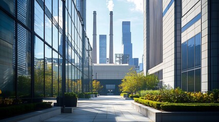 Obraz premium Towering chimneys of a power plant surrounded by high-tech equipment and green landscaping in an urban-industrial setting