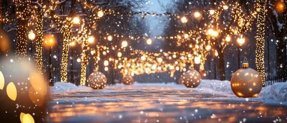 Obraz premium Christmas Park Twilight Glowing Decorations Shimmering Snow
