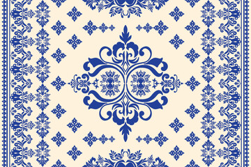 Seamless blue floral damask shape with geometric ethnic tradition pattern texture on white background. Silk pattern decoration for carpet. Thai clothing wrapping and wallpaper © cocorattanakorn