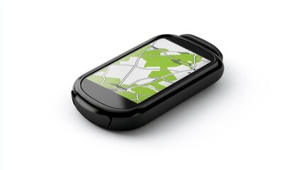Modern Smartphone with Map Application Displaying Green Landscapes for Navigation and Outdoor Exploration in a Clean, Minimalistic Style