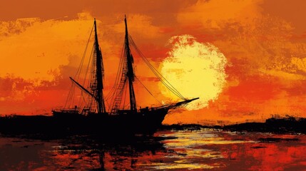 Fototapeta premium Silhouette of a vintage schooner at sunset with vibrant orange and yellow hues reflecting on calm waters
