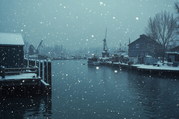 Winter Harbor Snowfall: Dramatic, Overcast, Moody Scene