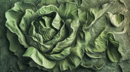 Fototapeta premium Detailed close-up of cabbage showcasing intricate leaf texture and vibrant green hues for culinary or botanical designs.