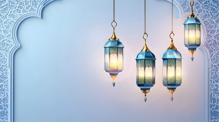 Elegant Blue Lanterns Hanging Against a Light Blue Background