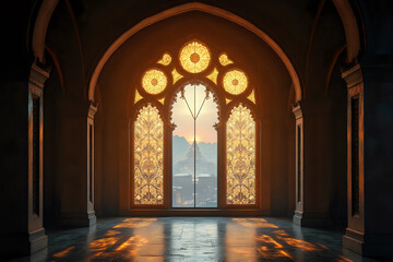 Fototapeta premium Mosque window with bright light background