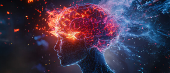 Fototapeta premium Burning Brain Neural Network, Fire and Ice, 3D Render, Abstract, Conceptual