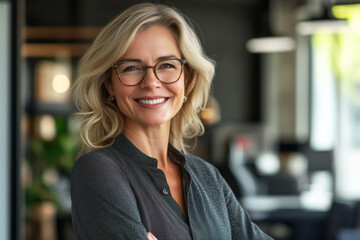 Fototapeta premium Portrait of smiling middle aged business woman wearing glasses in office at work.