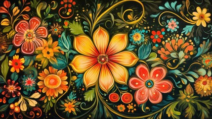 Vibrant traditional floral ornamentation showcasing colorful nature-inspired designs with intricate details and bold patterns.