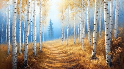 Obraz premium Serene spring birch forest with vibrant foliage and blue sky creating a tranquil path through nature's beauty.