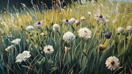 Vibrant wildflower meadow showcasing diverse flora with meadow salsify and other blooming plants in a sunlit natural landscape.