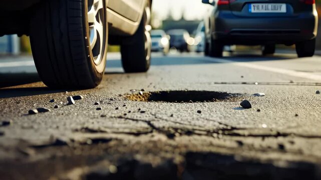 Pothole on a Busy Road with Passing Cars