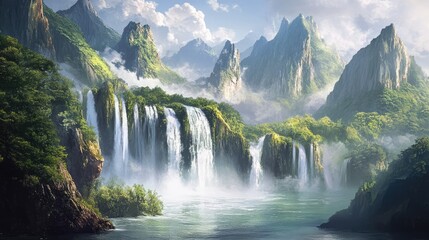 Majestic waterfalls cascading through lush green mountains under a dramatic sky creating a serene natural landscape.