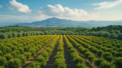 Aerial View of Vibrant Citrus Orchard with Orange Trees and Landscape