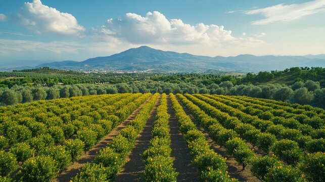 Aerial View of Vibrant Citrus Orchard with Orange Trees and Landscape