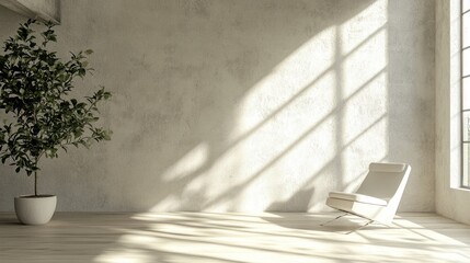 Serene Minimalist Interior Design: Sunlight Streaming Through a Large Window, Illuminating a Modern White Chair and Potted Plant