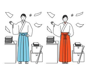 片付かない業務にうんざりする神社の神主と巫女