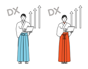 DXのイメージ、業務改善に成功した神社の神主と巫女
