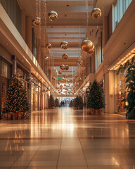 Fototapeta premium Christmas Shopping Mall Festive Golden Decorations Background