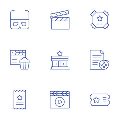 Cinema icons set. Thin Line style, editable stroke. d glasses, cinema, clapperboard, movie poster, scenario, ticket