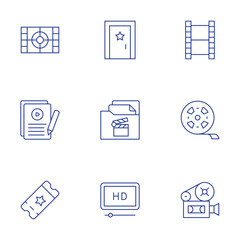 Cinema icons set. Thin Line style, editable stroke. door, film, film strip, movie, script, ticket, scenario, hd film, video camera