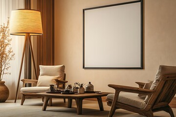 Minimalist living room with wooden chairs, coffee table, and large blank canvas.