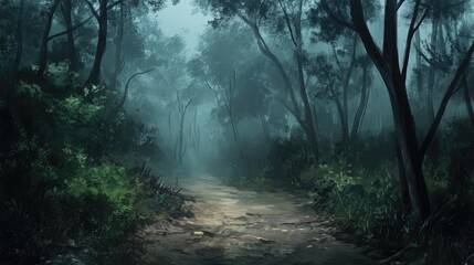 Obraz premium Mysterious forest trekking path shrouded in fog with lush greenery inviting exploration through the tranquil wilderness