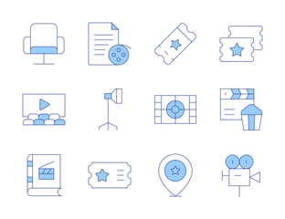 Cinema icons. Line Duotone style, editable stroke. light, scenario, ticket, seat, cinema, movie, tickets, video camera