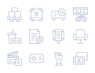 Cinema icons. Thin Line style, editable stroke. movie poster, scenario, ticket, chair, cinema, clapperboard, projector, spotlight, trophy